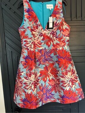 Nicole Miller Floral Fit-and-Flare Dress in Sky Blue, Red, Purple